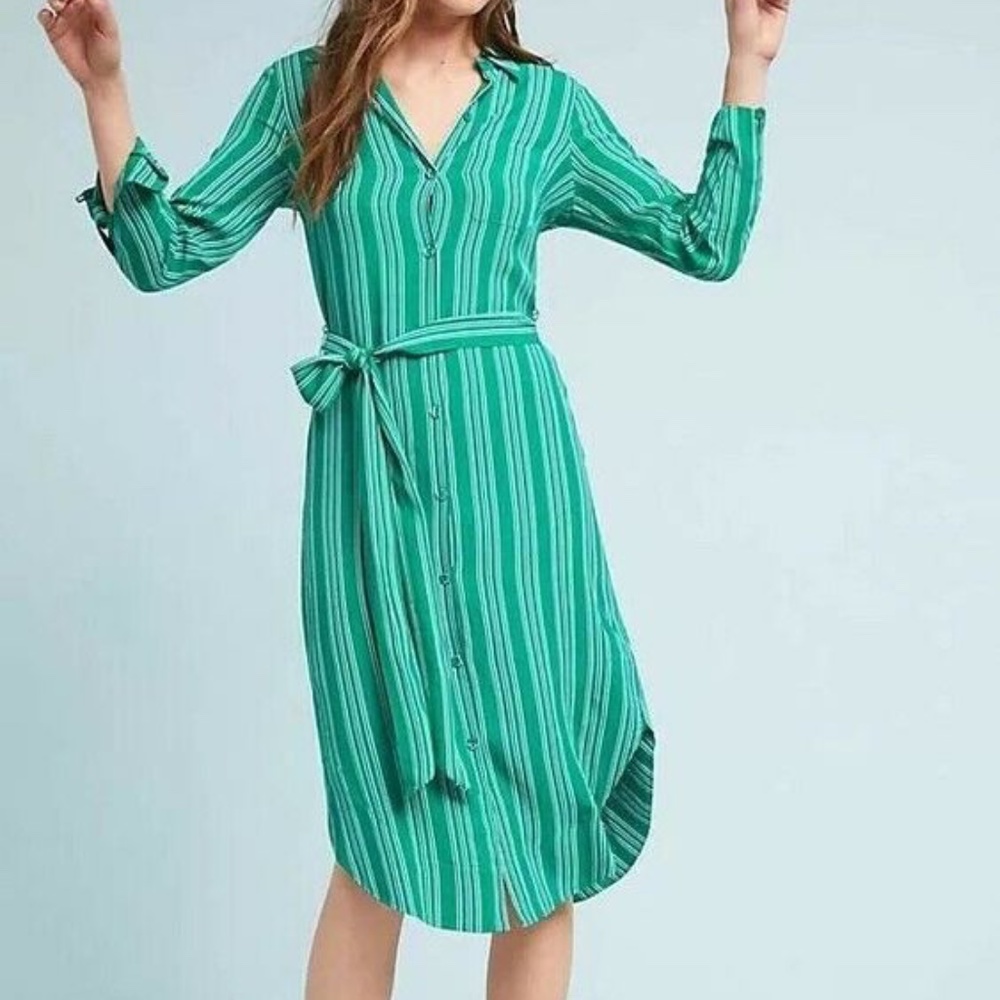 Anthrop Maeve Martina green striped button dress 6